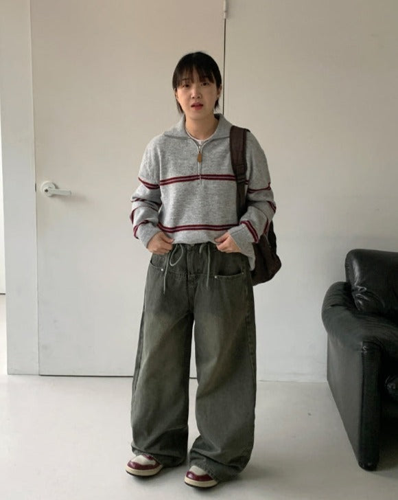 【BAON】Dottio String Washing Wide Pants BAON (バオン) - ドティオストリングウォッシュ加工ワイドパンツ