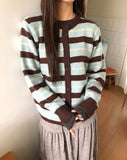 Woolen Stripe Round Knit Cardigan