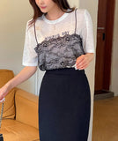 Churing Lace Bustier Lettering Short Sleeve Knit