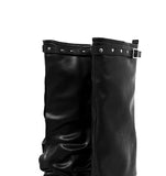 Stud Buckle Shirred Stiletto Long Boots