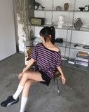 Mats Stripe One Off Shoulder Overfit Short Sleeve T-Shirt