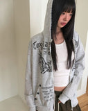 Hummus Lettering Print Stripe Color Matching Snap Button Long Sleeve Hood Zip-Up