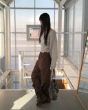 Bien off-shoulder two-way button open V-neck long-sleeved knitwear