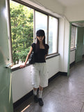 Bogi Shirring Flower Embroidery Slim Short Sleeve T-shirt