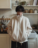 Balloon fit ribbed fleece zip-up