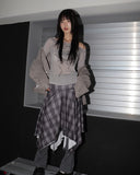 Beolin Check Folding Unbalanced Flare Midi Skirt