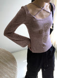 Compo Vintage Cross X Strap Deep V Neck Long Sleeve T-Shirt