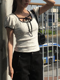 Demin Flower Ribbon Puff Short Sleeve T-Shirt