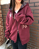 [Brushed Lining] Skin Star Print Stripe Color Matching Two-Way Loose Fit Hood Zip-Up