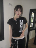 Rahi 05 Here Printing Henley Neck Button Short Sleeve T-shirt
