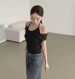 Flower Pattern Halterneck Sleeveless Short Sleeve Blouse Set