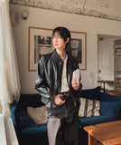 Frill High Neck Balloon Leather Jacket