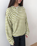 Taen Diagonal Button Stripe Hooded T-Shirt