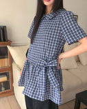 Purip Ribbon Strap Round Collar Check Mini One-Piece Dress