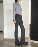 Mebel Shirring Off-Shoulder Back Slit Ribbon Strap Long-Sleeved T-Shirt