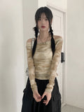 Lutz See-Through Tie-Dye Printing Shirring Mesh Long Sleeve Off-Shoulder T-Shirt