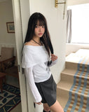 Bell-An Shirring Off-Shoulder Long-Sleeve T-Shirt