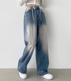 String Stopper Washing Long Wide Denim Pants