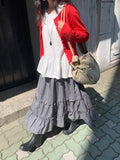 Cayue Check Shirring Tiered Banding Long Skirt