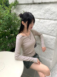 Hit Unbalanced Off-Shoulder Snap Long Sleeve T-Shirt