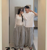 Stripe Loose Fit Folding Wide Banding Seersucker Pants