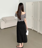 Stripe Span Off-shoulder Slim Fit Basic Length Short Sleeve T-shirt