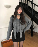 Lulu V-neck wool hair cardigan scarf set