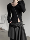 Wet Button Slit Zipper Long Sleeve Top