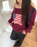 Murhit American Flag Printing One-Off Shoulder Long Sleeve Sweatshirt