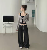 Color Matching Banding Side Zipper Pintuck Wide Slacks Pants