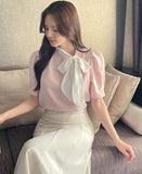 Kain Puff Color Matching Tie-Neck Short Sleeve Blouse