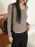 Liren Stripe Slim Fit Round Crop Long Sleeve T-Shirt