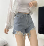 Summer Cutting Side Slit Ripped Denim Shorts