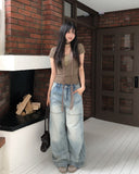 [Scarf SET] Mocha Lace Ribbed Short Sleeve Set