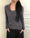 Sheen Layered Shirring V-Neck Long Sleeve T-Shirt