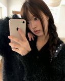 Plada Pine Leaf Angora Knit Over Fit Hood Cardigan