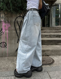 Side pin tuck washed wide denim pants