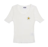 Flower Dot Embroidery Crop Short Sleeve Knit