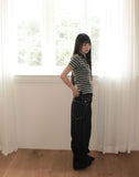 Dem Stripe Shirring PK Collar Short Sleeve T-Shirt
