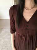 Pamil Vintage V-Neck Button Pleated Half-Length Short-Sleeved T-Shirt