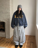 Navy Lettering Brushed Washing Hood Zip-Up