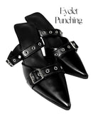 Eyelet punching mule heels