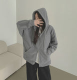 Loose Fit Two-Way Soft Embroidered Hood Zip-Up