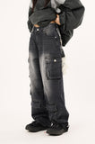 Multi cargo hem snap button heavy denim pants