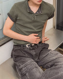 Wheat Pigment Rib Muscle Henley Neck Short Sleeve T-shirt