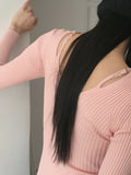 Atter strap deep V-neck slim ribbed crop long sleeve knit