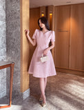 Rosea Heart Neck Puff Tweed Flare One Piece