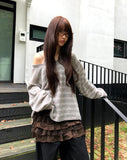 Curled Stripe Round Neck Loose Fit Long Sleeve Knit