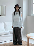 Haron Side Ribbon Strap Pintuck Long Wide Slacks
