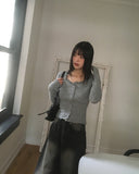 Shaltie Lace Square Neck Ribbed Knit Cardigan
